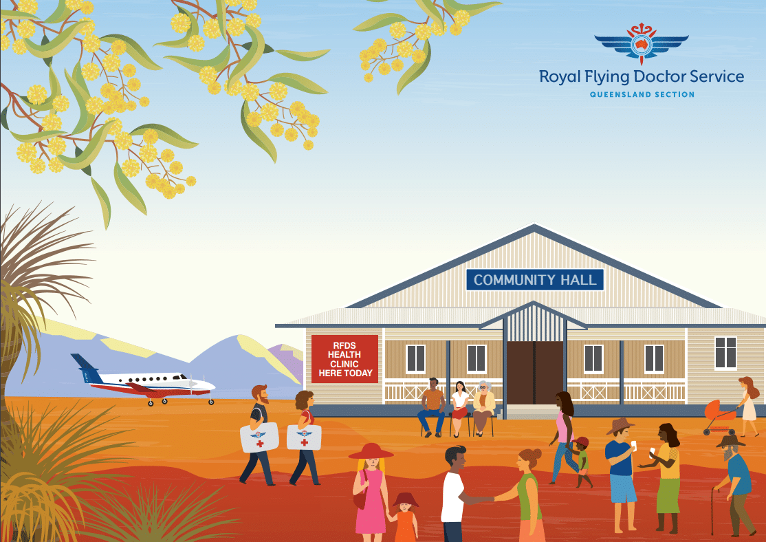 A Royal Flying Doctor Service illustration depicting a local community receiving primary health care services and a clinic open at a local community hall