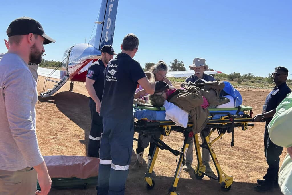 Patient Jess being transported by the Flying Doctor Medical Crew 